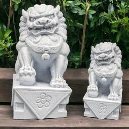 Foo Dog Pair, Marble Plastic Garden Statues, Balinese Decor - thumbnail 4