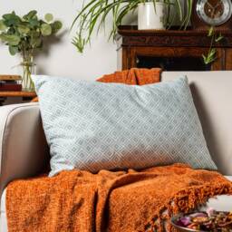Scandi Geometric Ikat Boudoir Cushion in Duck Egg Blue. Double Sided. Modern Printed Diamond Pattern Baby Blue & White. 17x12