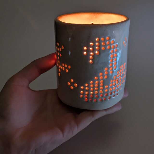 Handmade Ceramic Candle Holder With A Cut-Out Swan & Flower Filet Crochet Inspired Design - image 1