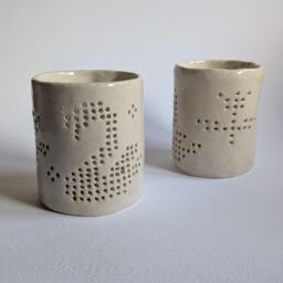 Handmade Ceramic Candle Holder With A Cut-Out Swan & Flower Filet Crochet Inspired Design - thumbnail 3