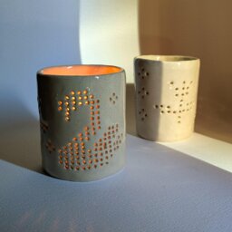 Handmade Ceramic Candle Holder With A Cut-Out Swan & Flower Filet Crochet Inspired Design - thumbnail 2