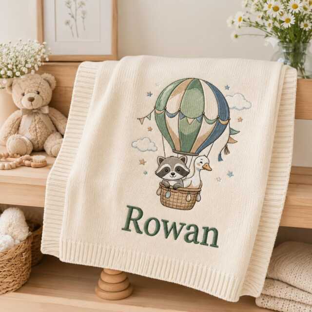 Personalized Hot Air Balloon Embroidered Baby Blanket, Custom Name Woodland Nursery Gift, Shower Keepsake, Newborn Gift