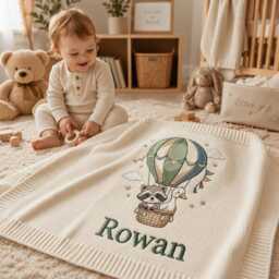 Personalized Hot Air Balloon Embroidered Baby Blanket, Custom Name Woodland Nursery Gift, Shower Keepsake, Newborn Gift - thumbnail 2
