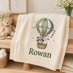 Personalized Hot Air Balloon Embroidered Baby Blanket, Custom Name Woodland Nursery Gift, Shower Keepsake, Newborn Gift - thumbnail 1