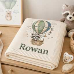 Personalized Hot Air Balloon Embroidered Baby Blanket, Custom Name Woodland Nursery Gift, Shower Keepsake, Newborn Gift - thumbnail 3