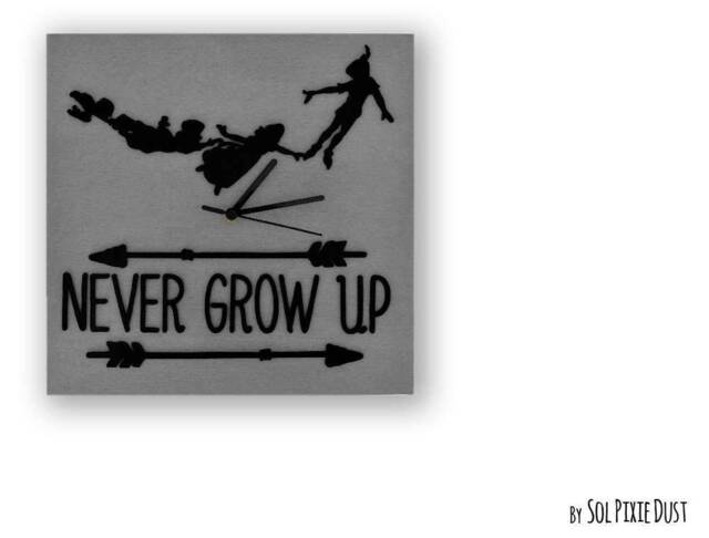 Never Grow Up -Concrete Square With Peter Pan Silhouette Wall Clock - Modern Kids Room Nursery Baby - image 1