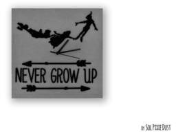 Never Grow Up -Concrete Square With Peter Pan Silhouette Wall Clock - Modern Kids Room Nursery Baby