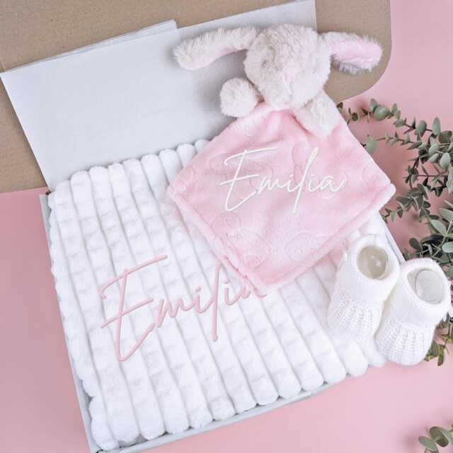 Embroidered Pink Fluffy Bunny Comforter Blanket Gift Set - Baby Shower -Baby Booties- Newborn Girl - image 1