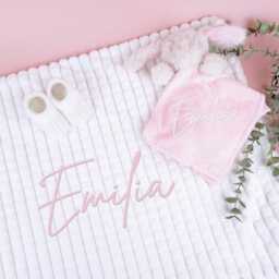 Embroidered Pink Fluffy Bunny Comforter Blanket Gift Set - Baby Shower -Baby Booties- Newborn Girl - thumbnail 2
