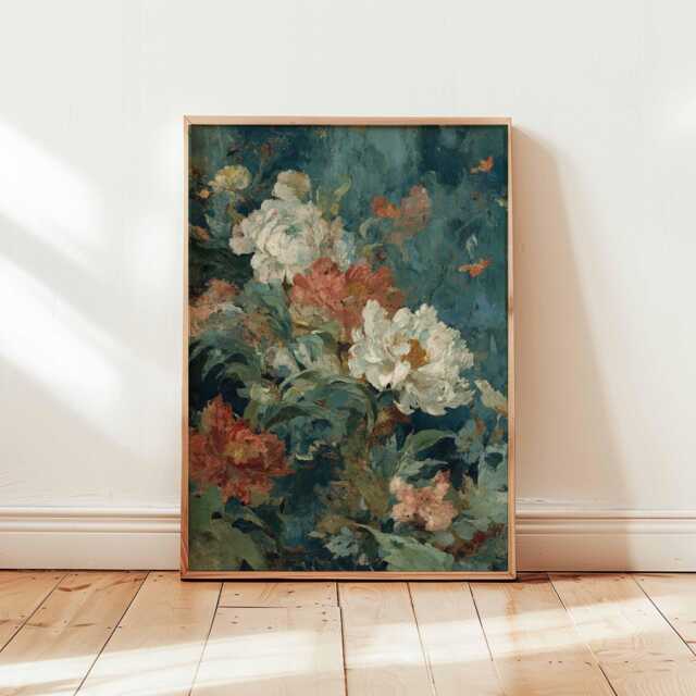 Impressionist Floral Wall Art, Vintage Botanical Peony Print, Textured Oil Painting Style, Rustic Flower Poster Decor