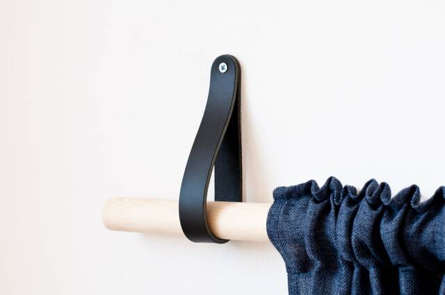 Leather Curtain Rod Holder, Leather Holder Bracket Mid Century, Modern Wood, Bracket, Vorhang Wand - image 1
