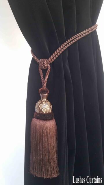 Brown Curtain Drapery Decorative Wood/Tassel Double Rope Tie Back Hand Crafted Home Decor/Window Treatments Drape Holding/Holdback/Pull - image 1