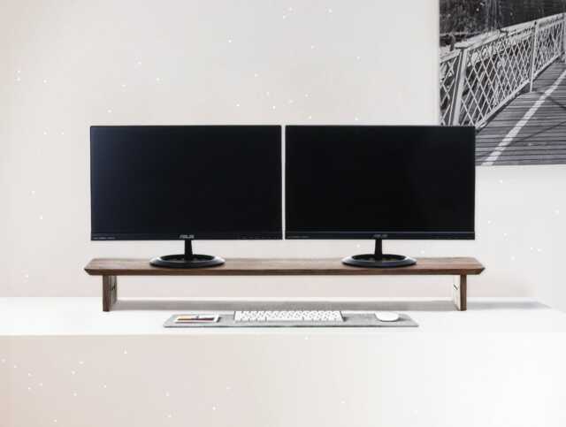 Desk Shelf Dual Monitor Stand With Metal Shelf Storage, Riser Wooden - image 1