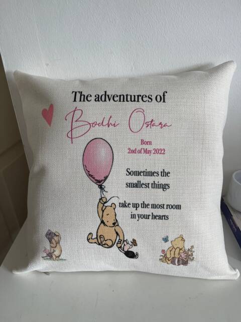 Personalised The Adventures Of Winnie Pooh Inspired Cushion New Baby , Childs Keepsake Home Decor, Nursery, Baby Girl Boy - image 1