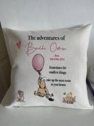 Personalised The Adventures Of Winnie Pooh Inspired Cushion New Baby , Childs Keepsake Home Decor, Nursery, Baby Girl Boy - thumbnail 1