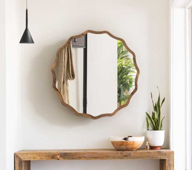 Scalloped Round Wood Wall Mirror For Bathroom & Hallway, Black White Or Walnut Frame - image 1