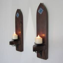 Pair Of Gothic Mexican Catholic Church Style Plank Wood Wall Sconce's Candle Holders With Handmade Tile & Cast Iron Brackets - thumbnail 2
