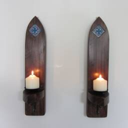 Pair Of Gothic Mexican Catholic Church Style Plank Wood Wall Sconce's Candle Holders With Handmade Tile & Cast Iron Brackets - thumbnail 3