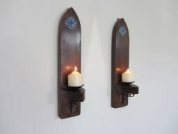 Pair Of Gothic Mexican Catholic Church Style Plank Wood Wall Sconce's Candle Holders With Handmade Tile & Cast Iron Brackets - thumbnail 1