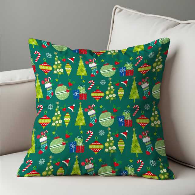 Christmas Cushion Cover With Trees & Ornaments, Green Holiday Throw Pillow Case, Festive Living Room Home Decor - image 1