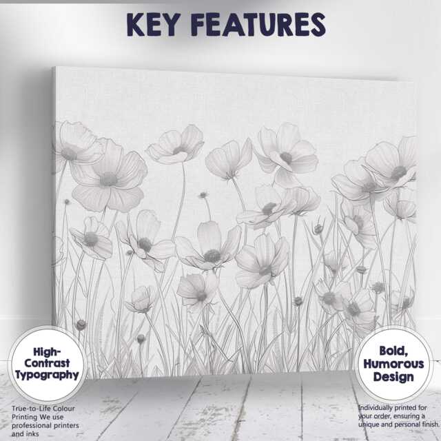 Elegant Botanical Flower Field Fine Line Drawing Artwork Canvas Wall Art Print Decor Picture Ready To Hang - image 1