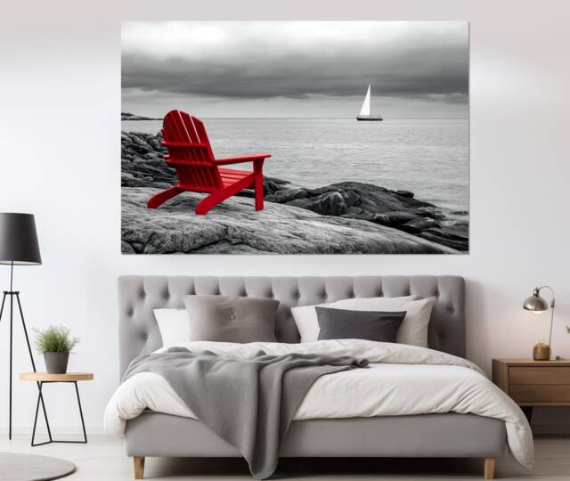 Red Chair On Black & White Ocean Landscape Canvas Print, Art, Abstract & Photo, Poster, Wall Art - image 1