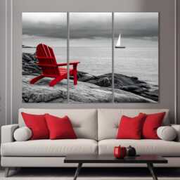 Red Chair On Black & White Ocean Landscape Canvas Print, Art, Abstract & Photo, Poster, Wall Art - thumbnail 2