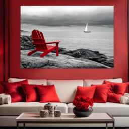 Red Chair On Black & White Ocean Landscape Canvas Print, Art, Abstract & Photo, Poster, Wall Art - thumbnail 3