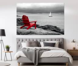 Red Chair On Black & White Ocean Landscape Canvas Print, Art, Abstract & Photo, Poster, Wall Art - thumbnail 1