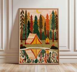 Lakeside Camping Poster, Outdoor Adventure Wall Art Print, Nature Decor, Camper Gift, Wilderness Print - thumbnail 1