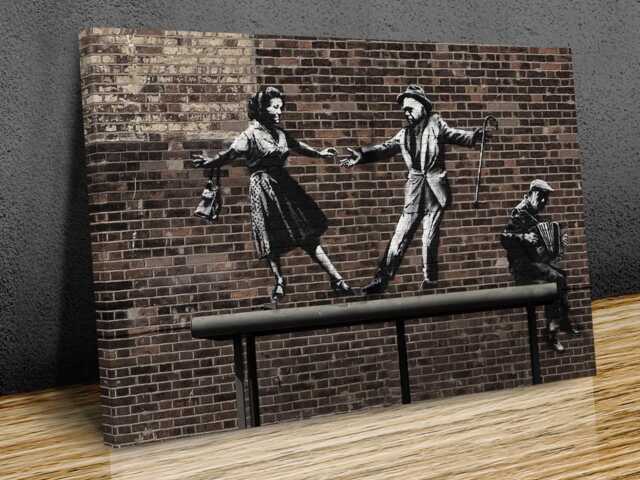 Banksy Couple Dancing To An Accordion Player , Mounted Canvas Print Ready Hang - image 1