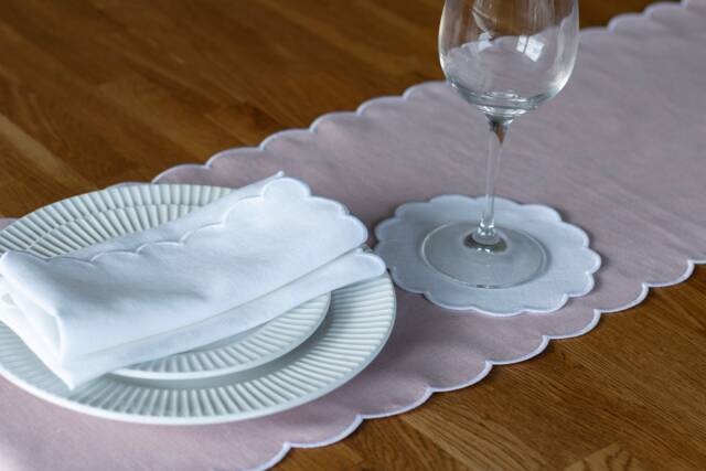 Blush Pink Linen Table Runner - Scalloped White Edges, 12x47 Inch - image 1