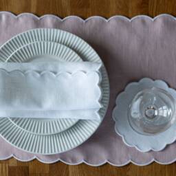 Blush Pink Linen Table Runner - Scalloped White Edges, 12x47 Inch - thumbnail 2