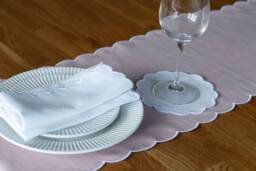 Blush Pink Linen Table Runner - Scalloped White Edges, 12x47 Inch