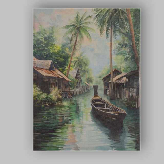 Serene Palm Lined Waterway Traditional Village Painting Canvas Wall Art Print Decor Picture Ready To Hang - image 1
