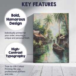 Serene Palm Lined Waterway Traditional Village Painting Canvas Wall Art Print Decor Picture Ready To Hang - thumbnail 2