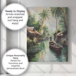 Serene Palm Lined Waterway Traditional Village Painting Canvas Wall Art Print Decor Picture Ready To Hang - thumbnail 3