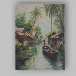 Serene Palm Lined Waterway Traditional Village Painting Canvas Wall Art Print Decor Picture Ready To Hang - thumbnail 1
