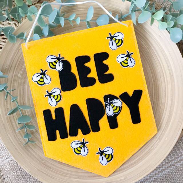 Bee Happy Felt Wall Hanging, Kids Room Banner, Honey Nursery Decor - image 1
