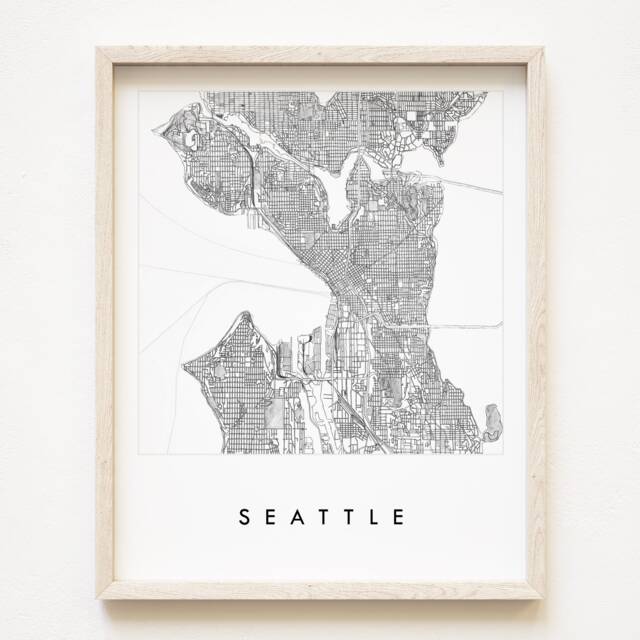 Seattle Map Street Washington City Drawing Black & White - Art Print Wedding Anniversary Graduation Gift Pnw Decor Puget Sound - image 1