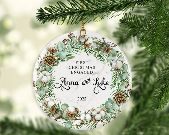 Personalised First Christmas Engaged Ornament Newly Wed Gift Custom Ceramic Or Mdf Acrylic Bauble Customisable Disc For Keepsake - image 1