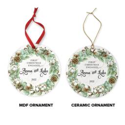 Personalised First Christmas Engaged Ornament Newly Wed Gift Custom Ceramic Or Mdf Acrylic Bauble Customisable Disc For Keepsake - thumbnail 3