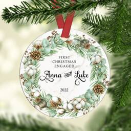 Personalised First Christmas Engaged Ornament Newly Wed Gift Custom Ceramic Or Mdf Acrylic Bauble Customisable Disc For Keepsake - thumbnail 2