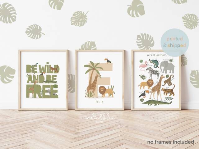 Set Of 3 Jungle Animals Prints, Personalised Name Print, Be Wild Safari Playroom Scandi Kids Art - image 1