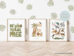 Set Of 3 Jungle Animals Prints, Personalised Name Print, Be Wild Safari Playroom Scandi Kids Art - thumbnail 1