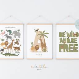 Set Of 3 Jungle Animals Prints, Personalised Name Print, Be Wild Safari Playroom Scandi Kids Art - thumbnail 2