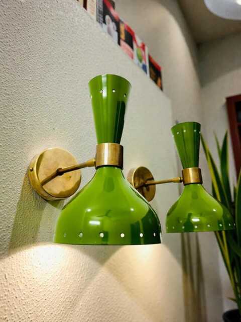 Mid Century Italian Brass Diabolo Wall Sconce - Green Accent Light - image 1