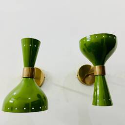 Mid Century Italian Brass Diabolo Wall Sconce - Green Accent Light - thumbnail 3