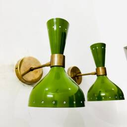 Mid Century Italian Brass Diabolo Wall Sconce - Green Accent Light - thumbnail 2