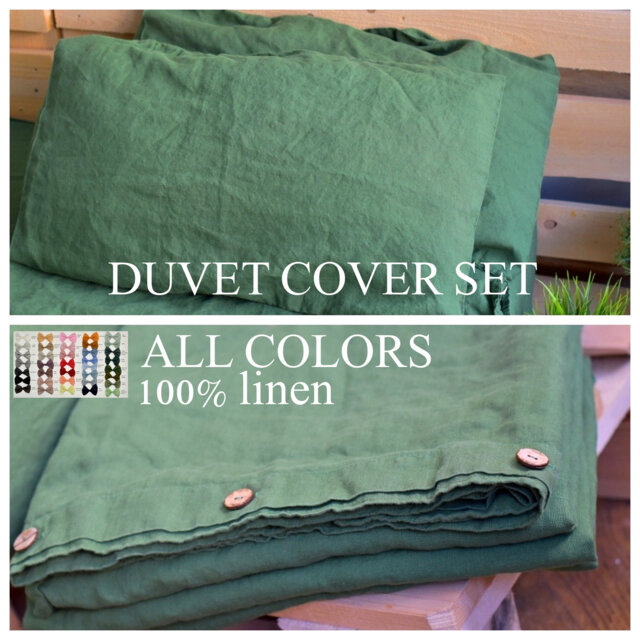 Duvet Cover Set & Pillow With Envelope Closures Treetop Green Color Stone Washed Seamless Full King Quilt Linen Duvet Cover Full - image 1